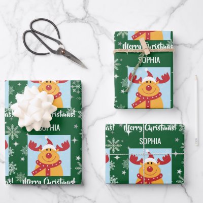 Festive Rudolph Reindeer Snow Personalized Xmas Wrapping Paper Sheets