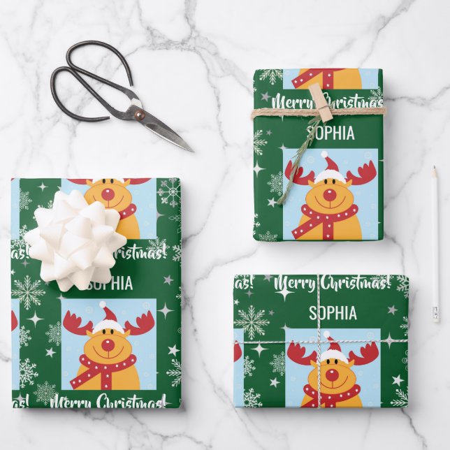 Festive Rudolph Reindeer Snow Personalized Xmas Wrapping Paper Sheets (Front)