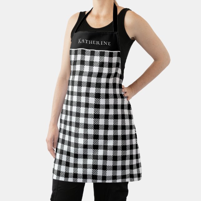 Festive Rustic Black White Gingham Plaid with Name Apron (Insitu)