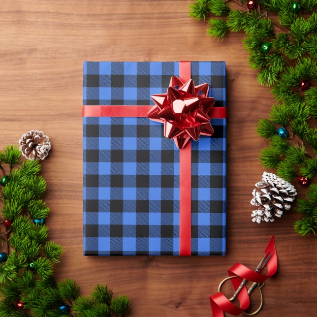 Festive Rustic Blue Black Buffalo Plaid Wrapping Paper (Holiday Gift)