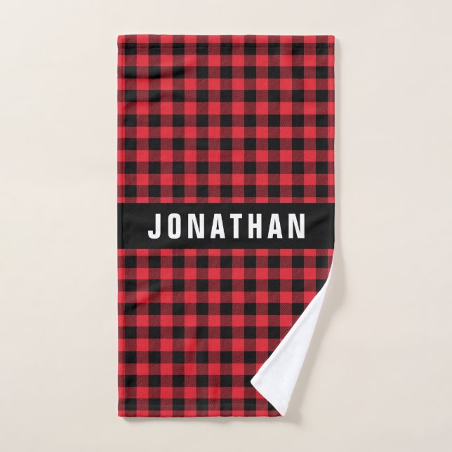 Festive Rustic Masculine Black Red Buffalo Plaid Hand Towel (Hand Towel)