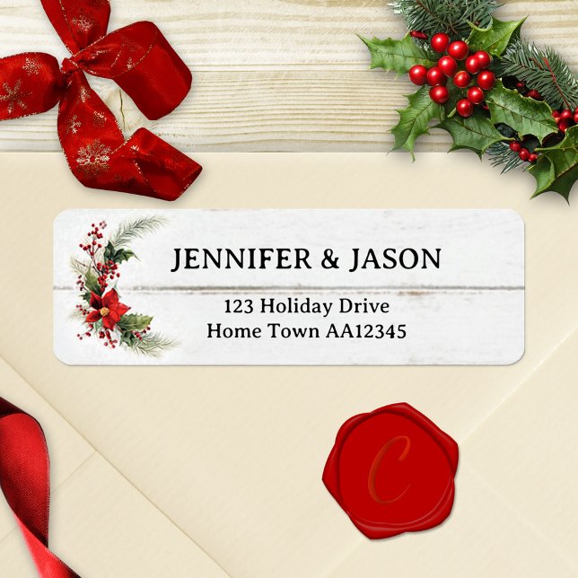 Festive Rustic Wood Christmas Return Address Label (Christmas return address label featuring a watercolor floral poinsettia design on ivory rustic wood)