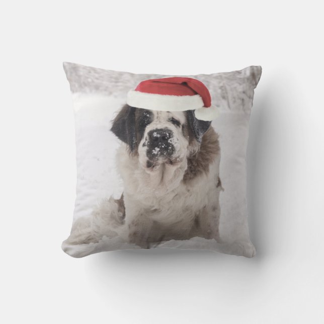 Festive Saint bernard dog with santa hat Throw Pillow (Front)