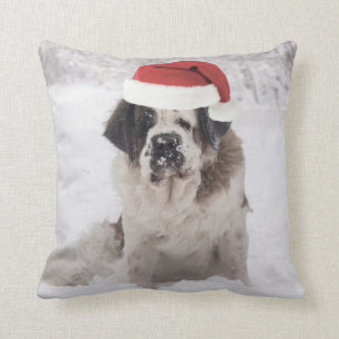 Festive Saint bernard dog with santa hat Throw Pillow