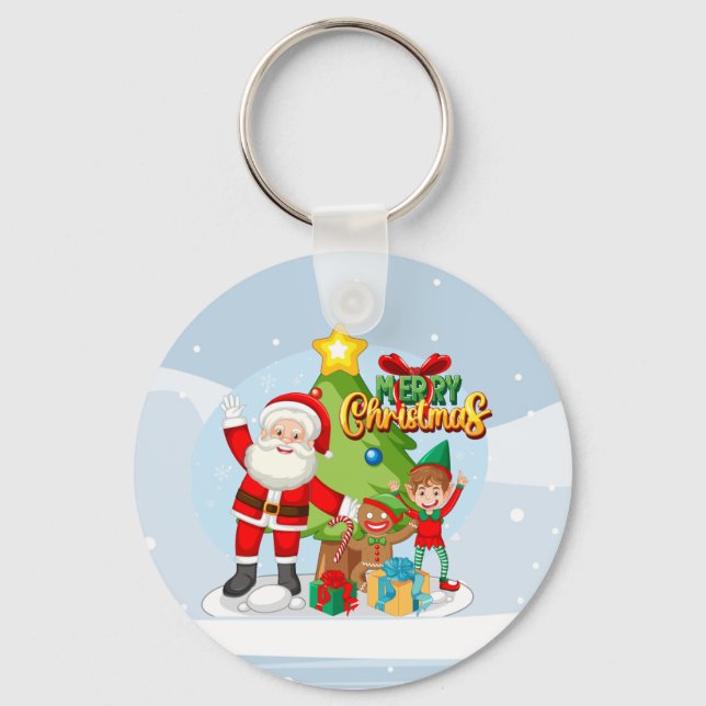 Festive Santa and Friends Christmas Card Keychain (Front)
