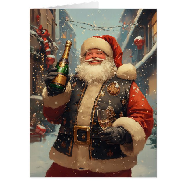 Festive Santa Celebrating with Champagne Card (Front)