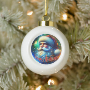 Festive Santa Claus and a Colorful Happy Holidays Ceramic Ball Christmas Ornament