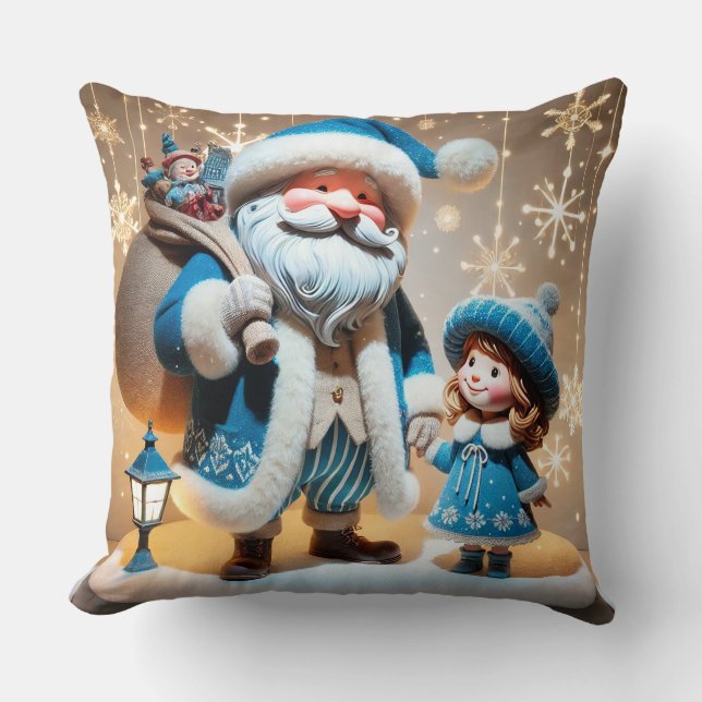 Festive Santa Claus and Child Throw Pillow (Front)