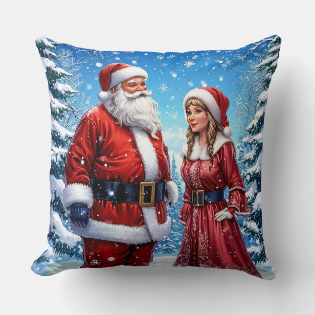 Festive Santa Claus and Mrs. Claus Throw Pillow (Front)