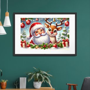 Festive Santa Claus and Reindeer in SnowyChristmas Framed Art