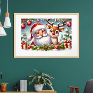 Festive Santa Claus and Reindeer in SnowyChristmas Framed Art