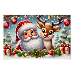 Festive Santa Claus and Reindeer in SnowyChristmas Poster