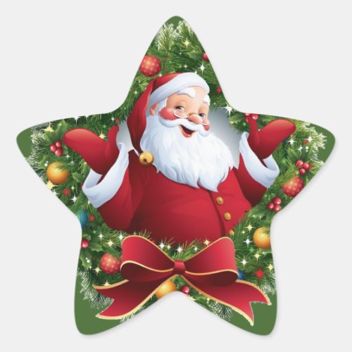 Festive Santa Claus Christmas Wreath Star Sticker