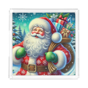 Festive Santa Claus Holding a Gift Sack Acrylic Tray