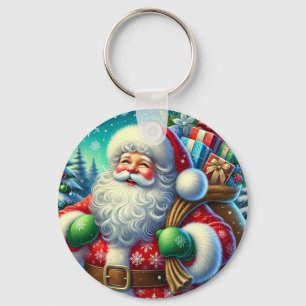 Festive Santa Claus Holding a Gift Sack Keychain