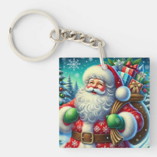 Festive Santa Claus Holding a Gift Sack Keychain