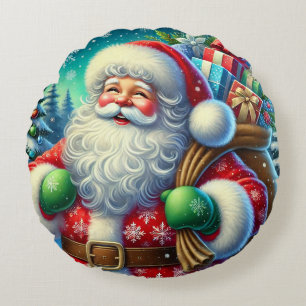 Festive Santa Claus Holding a Gift Sack Round Pillow