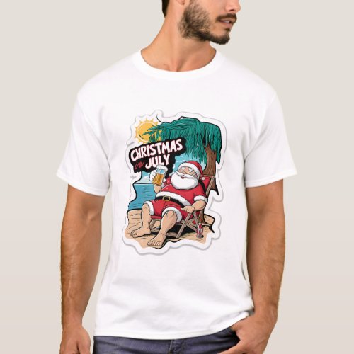 Festive Santa Claus Relaxing on Tropical Shore T_Shirt