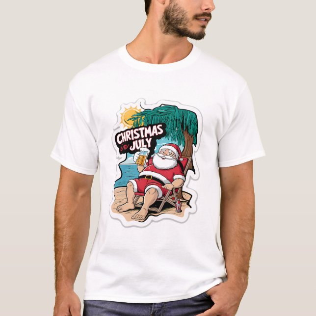 Festive Santa Claus Relaxing on Tropical Shore T-Shirt (Front)