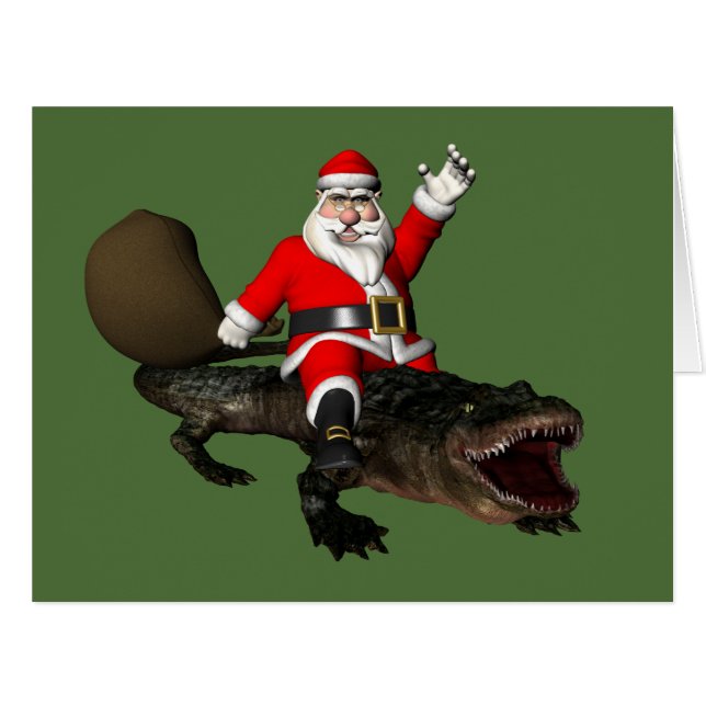Festive Santa Claus Riding An Alligator Cards (Front Horizontal)