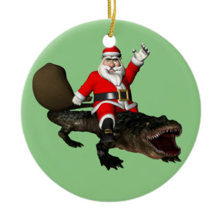 Festive Santa Claus Riding An Alligator Ceramic Ornament