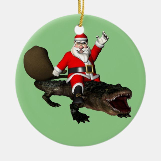 Festive Santa Claus Riding An Alligator Ceramic Ornament (Front)