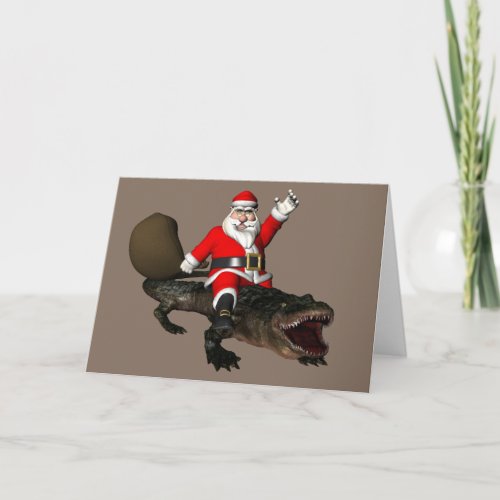 Festive Santa Claus Riding An Alligator Holiday Card