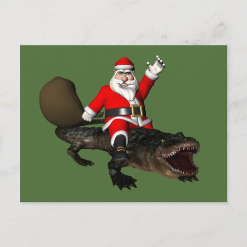 Festive Santa Claus Riding An Alligator Holiday Postcard