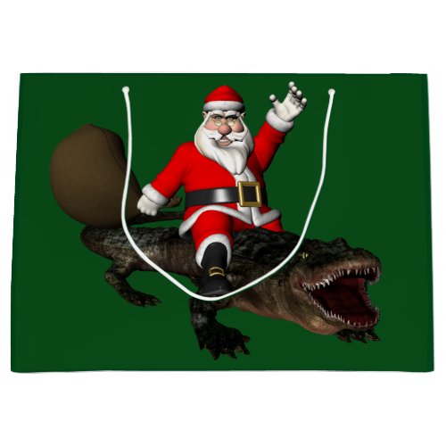 Festive Santa Claus Riding An Alligator Large Gift Bag