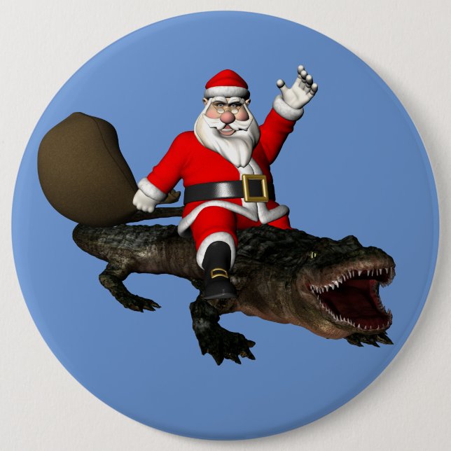 Festive Santa Claus Riding An Alligator Pinback Button (Front)