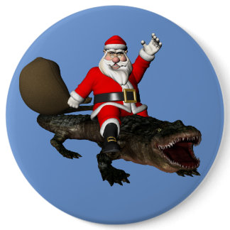 Festive Santa Claus Riding An Alligator Pinback Button