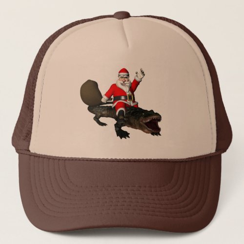 Festive Santa Claus Riding An Alligator Trucker Hat