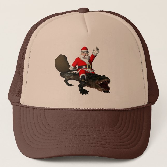 Festive Santa Claus Riding An Alligator Trucker Hat (Front)