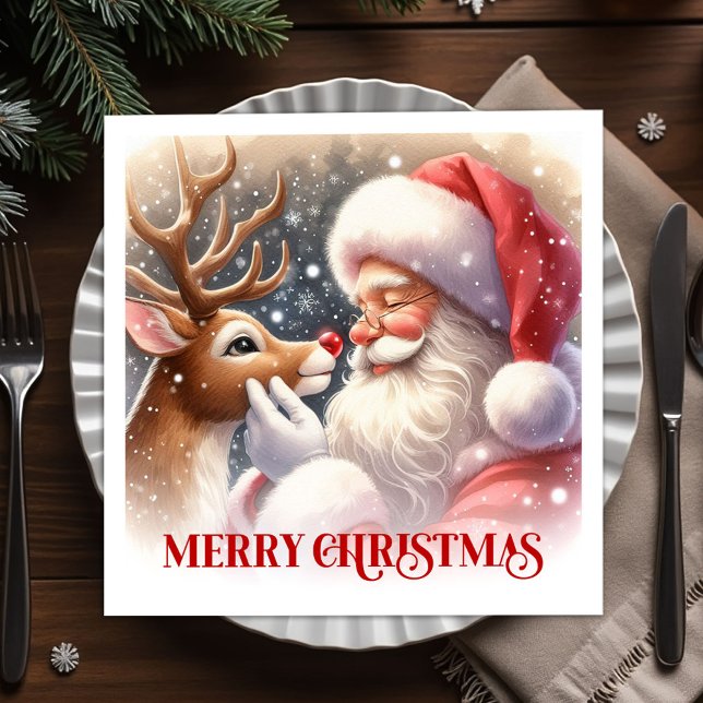 Festive Santa Claus Rudolph Christmas Party Dinner Napkins (Festive Santa Rudolph Christmas Party Napkins)