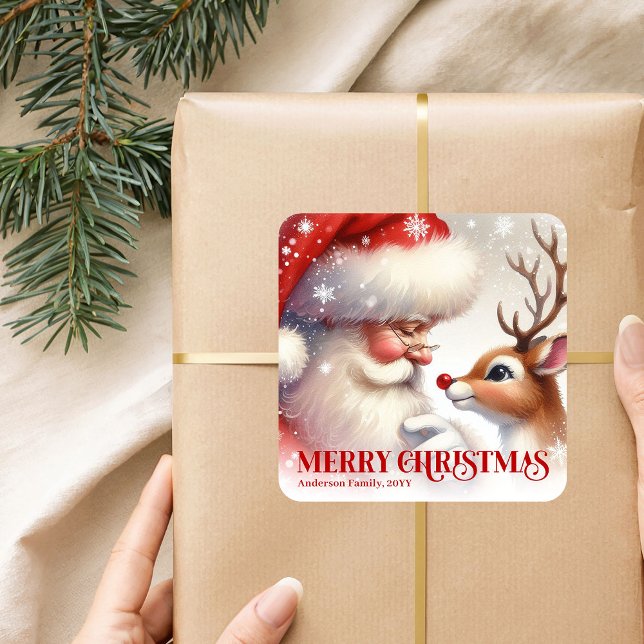 Festive Santa Claus Rudolph Personalized Kids Gift Square Sticker (Festive Santa Claus Rudolph Personalized Kids Gift Party Sticker

)