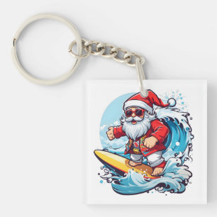 Festive Santa Claus Surfing Christmas Waves Keychain
