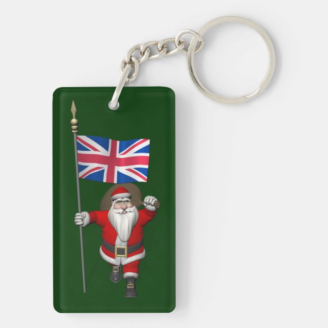 Festive Santa Claus With Flag Of The UK Keychain (Back)