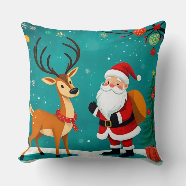 Festive Santa Claus With Reindeer Throw Pillow (Front)