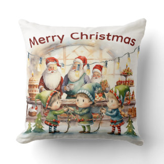 Festive Santa & Elf Holiday Decor Throw Pillow