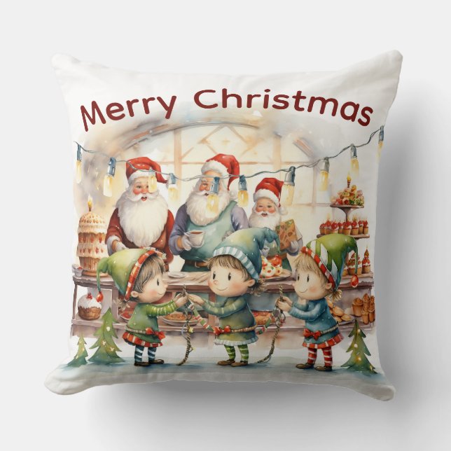 Festive Santa & Elf Holiday Decor Throw Pillow (Front)