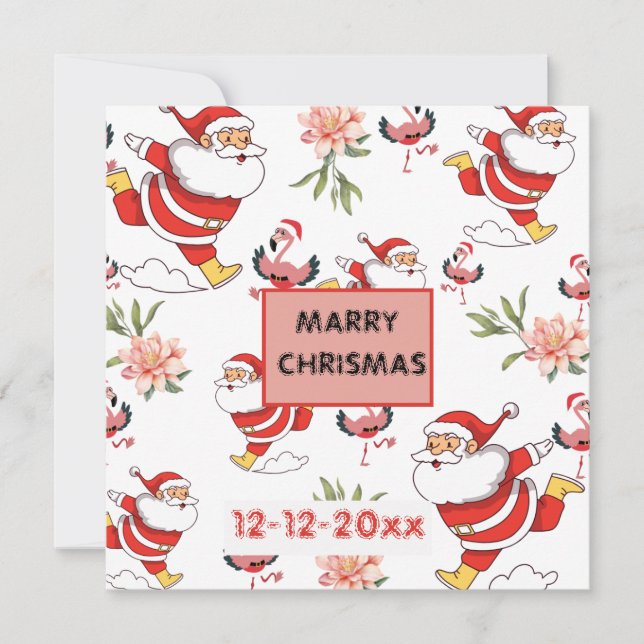 Festive Santa, Flamingo & Pink Floral Pattern Save The Date (Front)