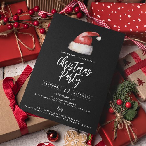 Festive Santa Hat Black Christmas Party Invitation