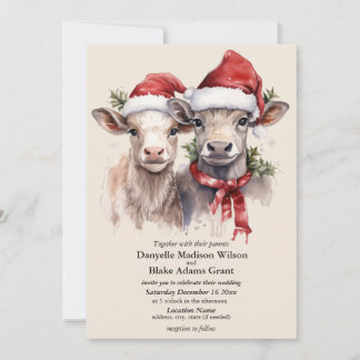 Festive Santa Hat Cow Calves Christmas Wedding Invitation