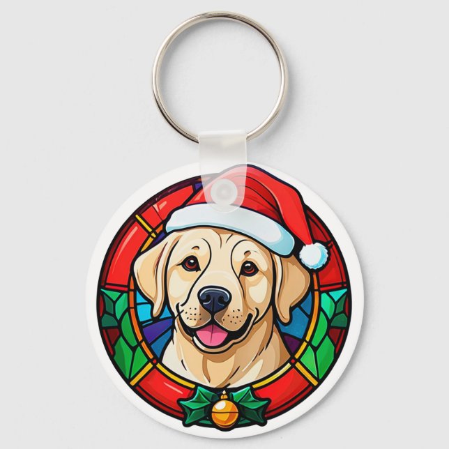 Festive Santa Hat Dog Cartoon Keychain (Front)