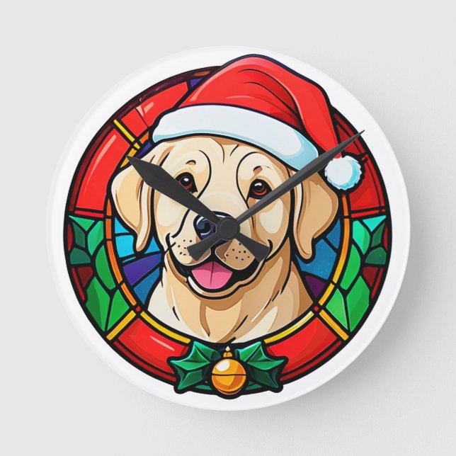 Festive Santa Hat Dog Cartoon Round Clock (Front)