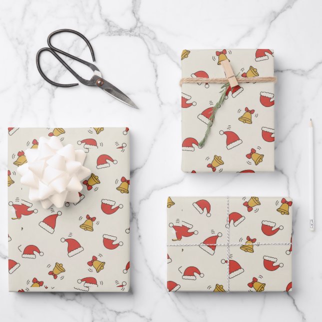Festive Santa Hat & Jingle Bell Pattern Wrapping Paper Sheets (Front)