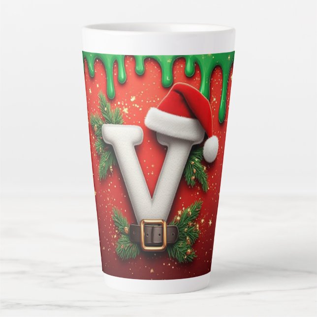 Festive Santa Hat V For Winter Decor Latte Mug (Front)