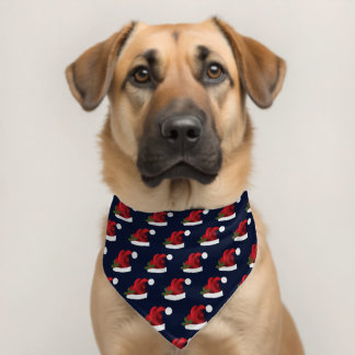 Festive Santa Hats On Dark Blue Christmas Pattern Pet Bandana Collar