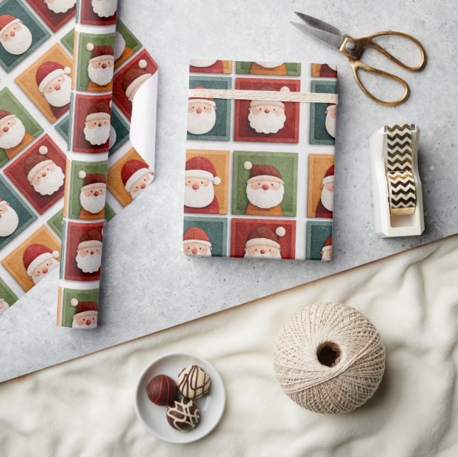 Festive Santa Pattern in Bright Blocks Wrapping Paper (Crafts)