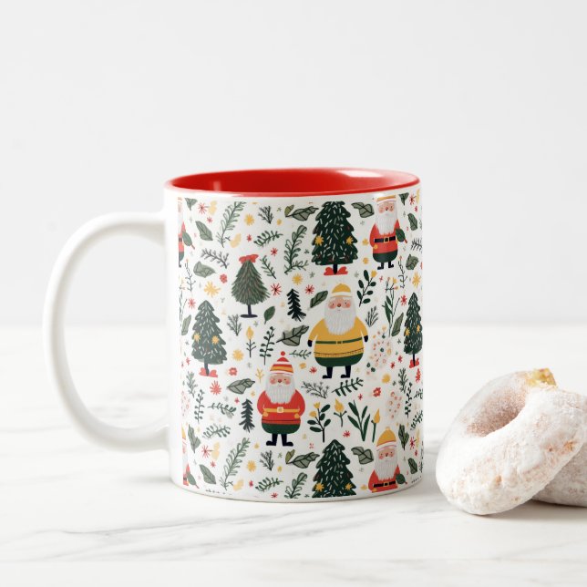 Festive Santa Pattern Two-Tone Coffee Mug (With Donut)